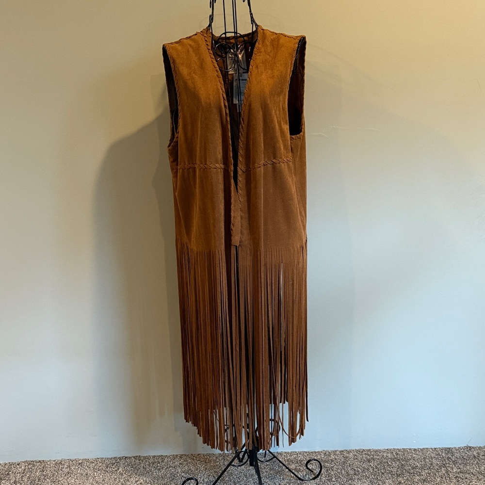 Fringe Sleeveless‎ Tan Duster